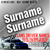 2x CAMS Approved Custom Surname Sticker Set Pack Rally Drift Motorsport Racing