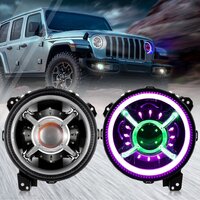 9 inch RGB Headlights Replacement Bluetooth control for Jeep Wrangler JL JLU Sport Rubicon Sahara Gladiator JT 2019 2020 w/ DRL Angle Adjustable